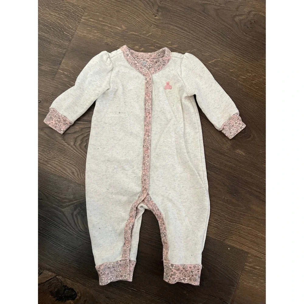 Baby Gap 3-6 Months Gray Pink Floral Teddy Bear Logo‎ Long Sleeve Romper